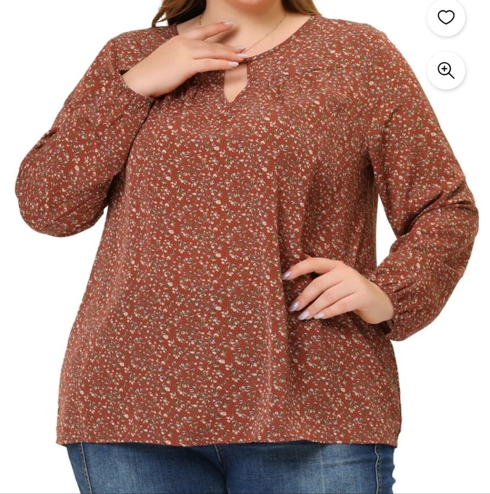 Agnes Orinda Rusty Red Floral Keyhole Blouse. NWT